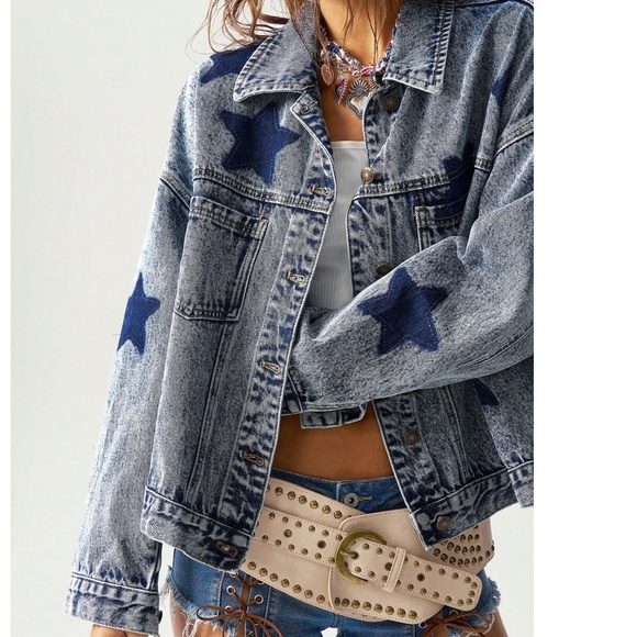 Vintage Look Star Print Button Denim Jean Jacket